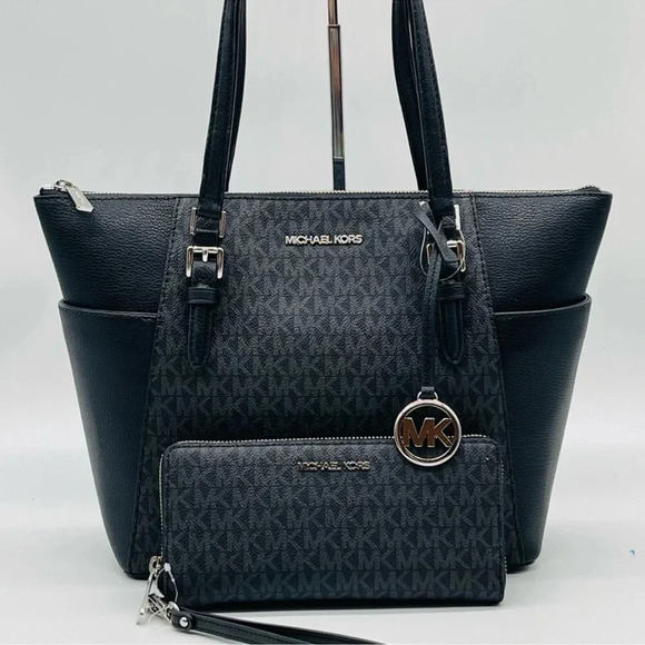 Michael Kors Large Top Zip Tote Bag Black & Continental Wallet Black